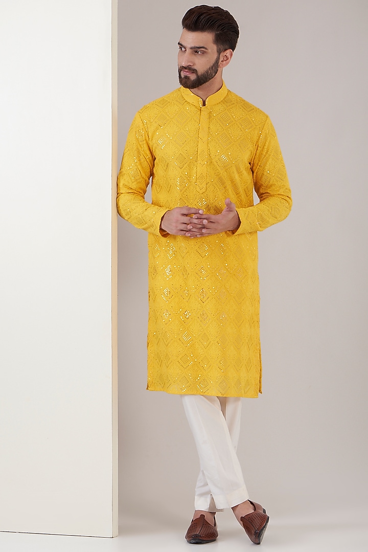 Yellow Mustard Georgette Thread Embroidered Kurta by Kasbah Clothing at Pernia's Pop Up Shop