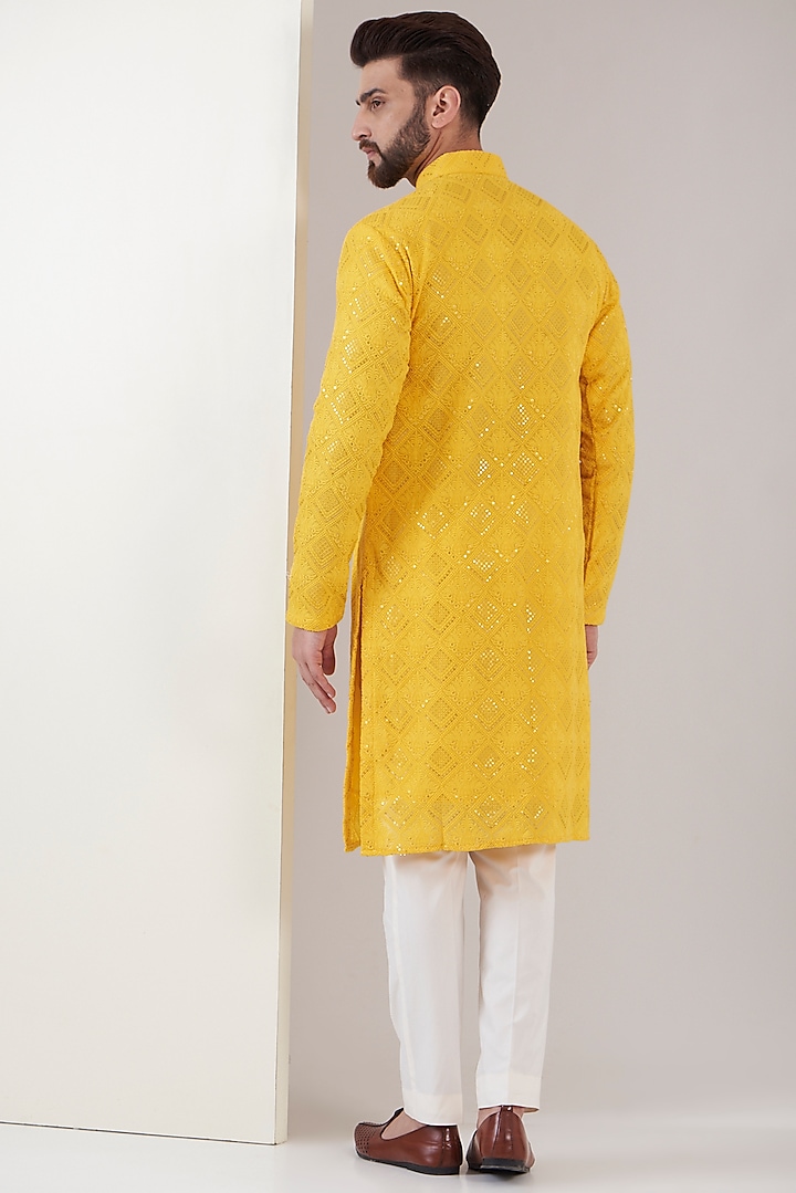 Yellow Mustard Georgette Thread Embroidered Kurta by Kasbah Clothing at Pernia's Pop Up Shop