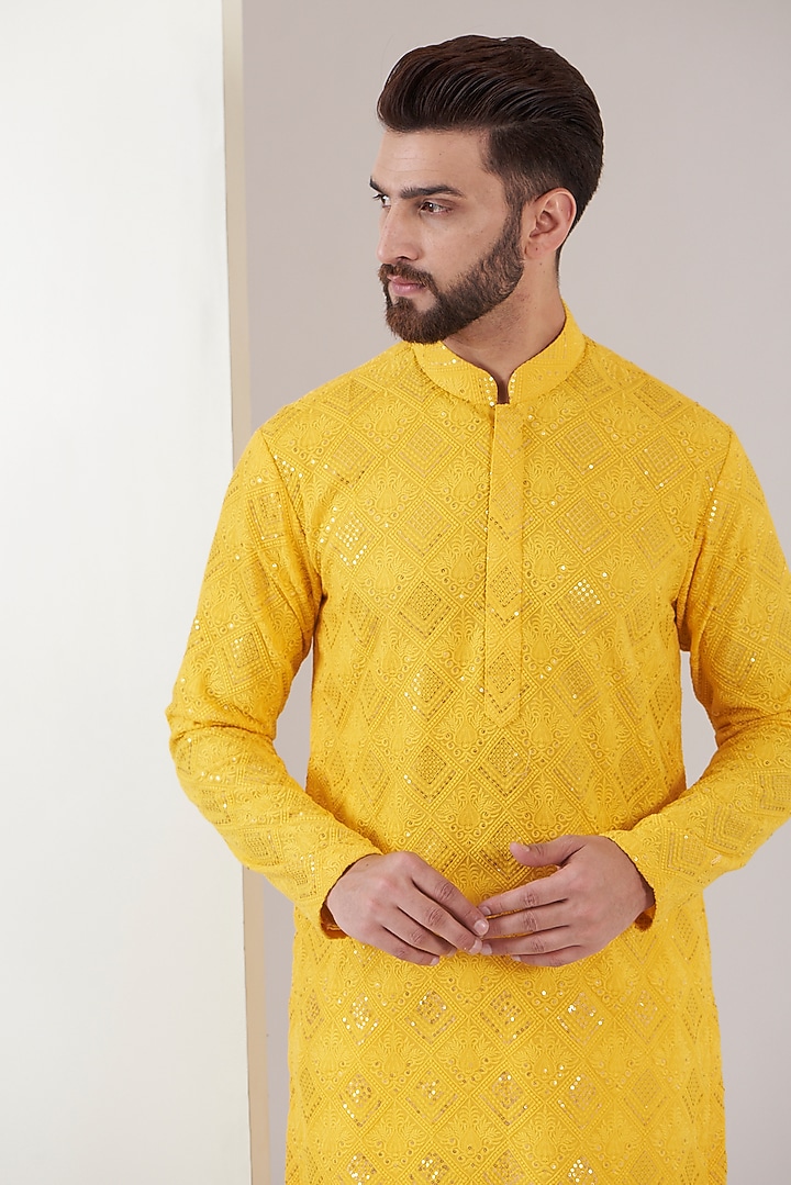 Yellow Mustard Georgette Thread Embroidered Kurta by Kasbah Clothing at Pernia's Pop Up Shop