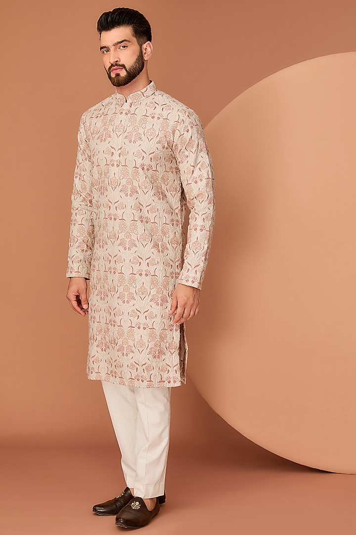 Beige & Cream Silk Sequins Embroidered Chikankari Kurta by Kasbah Clothing