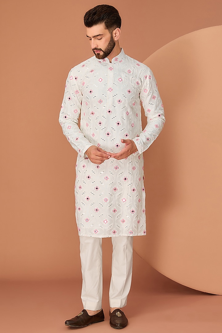 White Silk Mirror & Thread Work Kurta by Kasbah Clothing at Pernia's Pop Up Shop