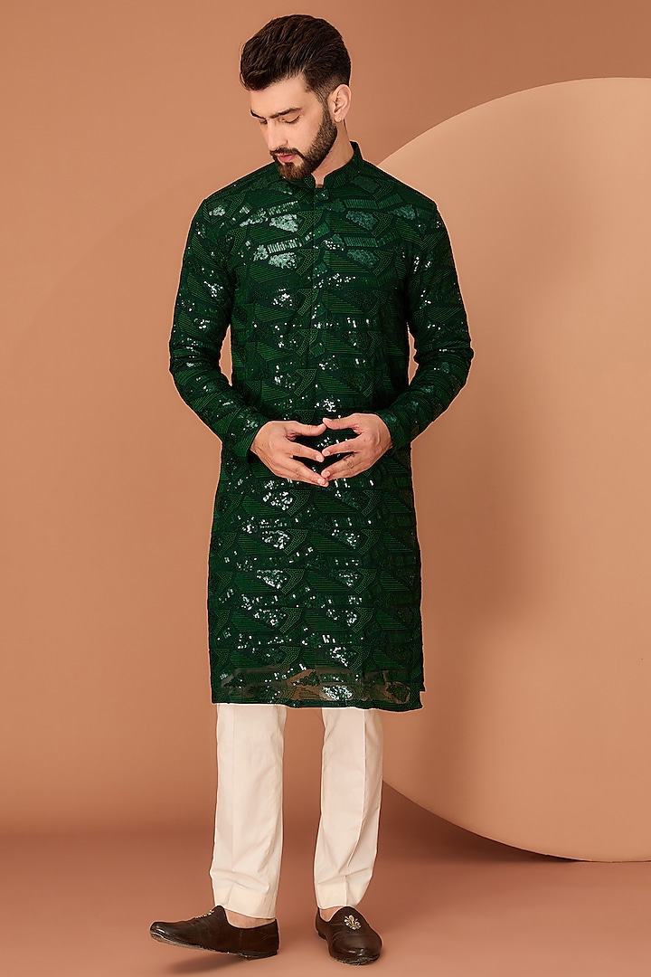 Bottle Green Georgette Thread & Sequins Embroidered Kurta by Kasbah Clothing