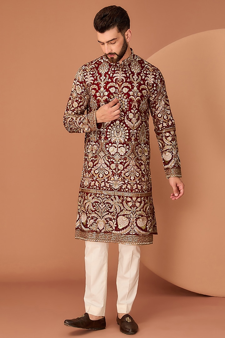 Maroon Georgette Zari & Sequins Work Floral Kurta by Kasbah Clothing at Pernia's Pop Up Shop