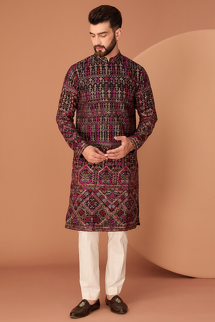 Black Georgette Thread & Kashmiri Embroidered Kurta by Kasbah Clothing at Pernia's Pop Up Shop