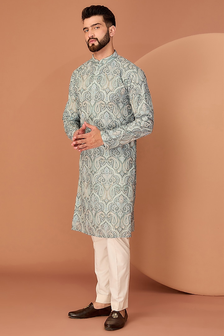 Mint Green Georgette Kashmiri Embroidered Kurta by Kasbah Clothing