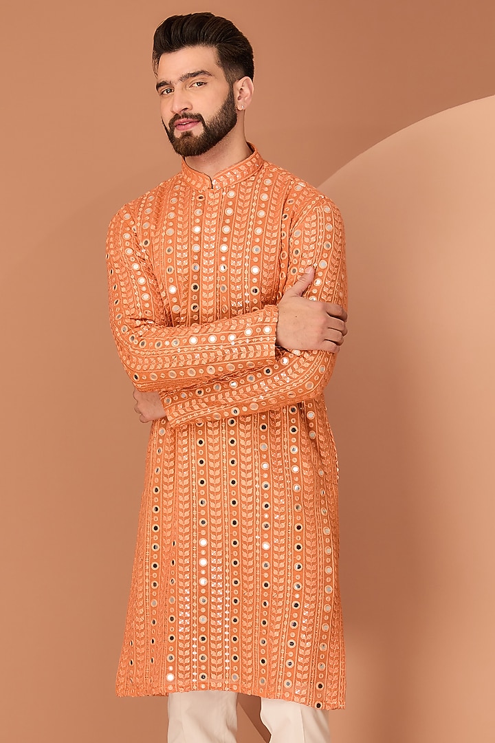 Orange Georgette Thread & Foil Work Kurta by Kasbah Clothing at Pernia's Pop Up Shop