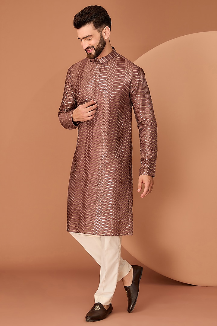 Dark Rust Brown Silk Thread & Sequins Work Kurta by Kasbah Clothing