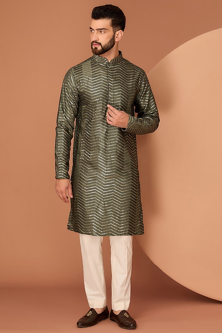 Military Green Silk Thread & Sequins Work Kurta by Kasbah Clothing