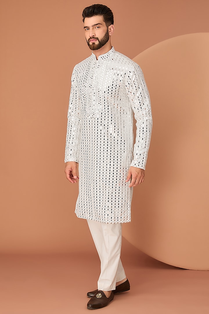 White Silk Mirror Hand Embroidered Kurta by Kasbah Clothing