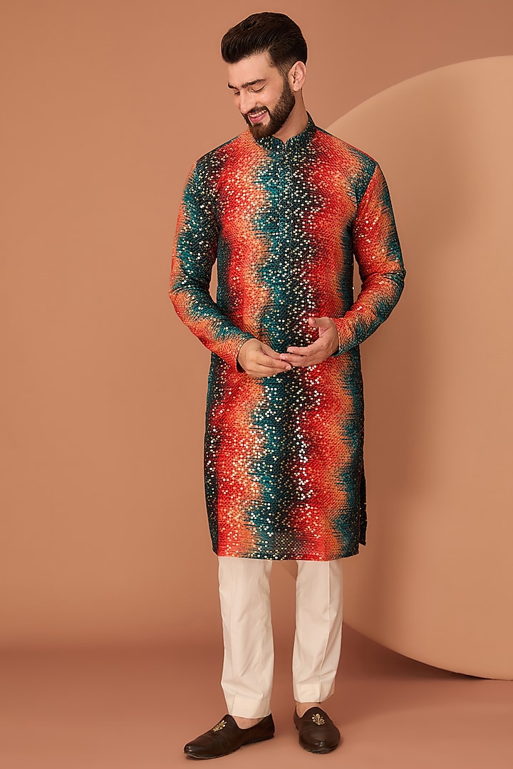 Orange & Teal Georgette Sequins Textured Kurta by Kasbah Clothing