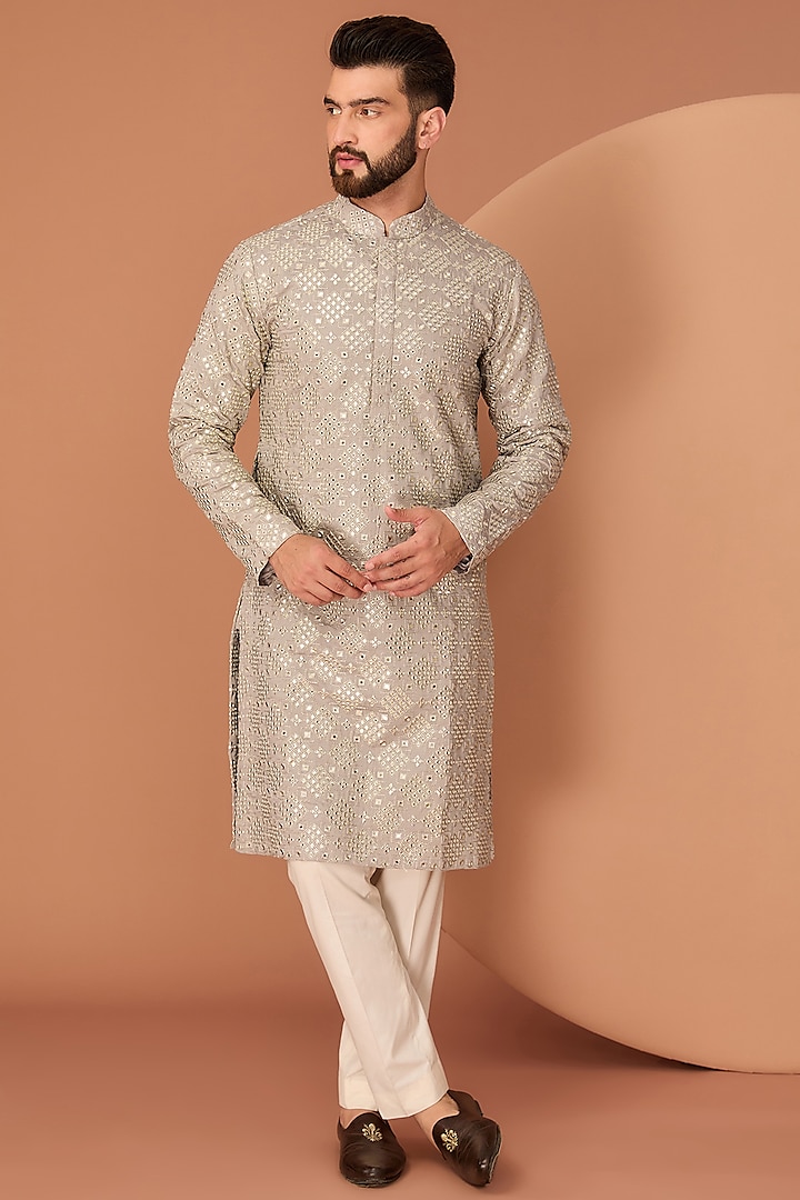 Grey Chanderi Thread & Sequins Embroidered Kurta by Kasbah Clothing