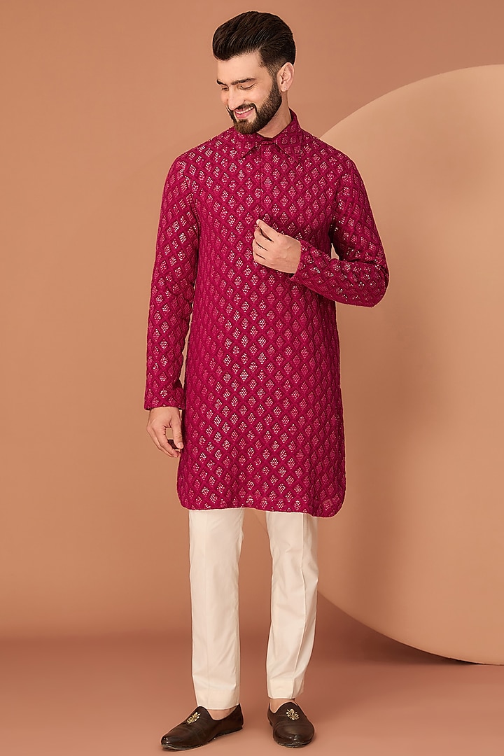 Red & Maroon Georgette Chikankari Pathani Kurta by Kasbah Clothing