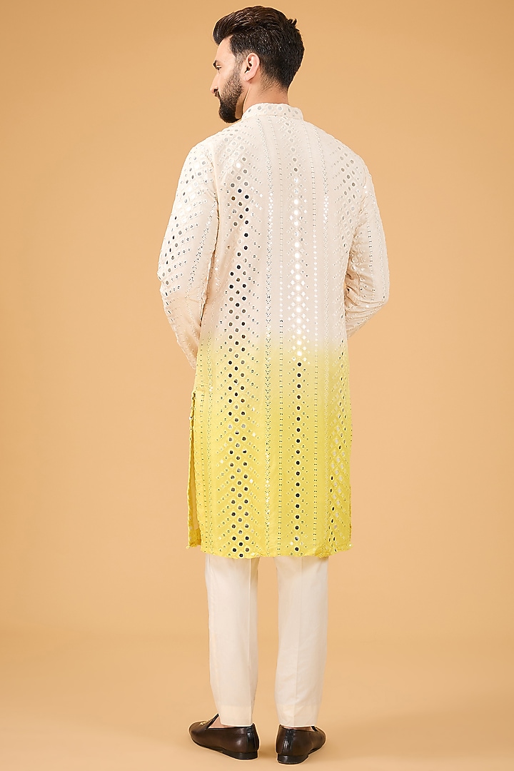Cream-Yellow Ombre Silk Mirror Work Kurta With Stole by Kasbah Clothing at Pernia's Pop Up Shop