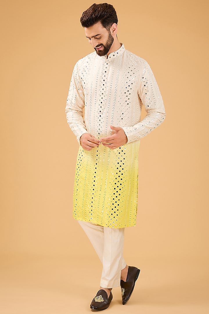 Cream-Yellow Ombre Silk Mirror Work Kurta With Stole by Kasbah Clothing at Pernia's Pop Up Shop