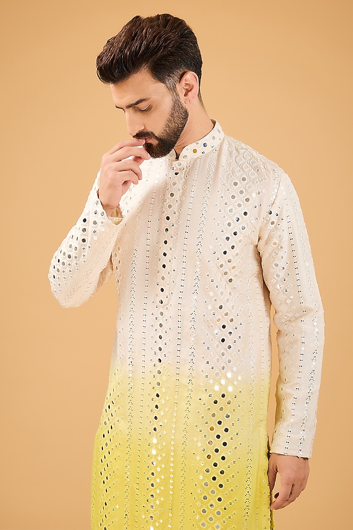 Cream-Yellow Ombre Silk Mirror Work Kurta With Stole by Kasbah Clothing at Pernia's Pop Up Shop