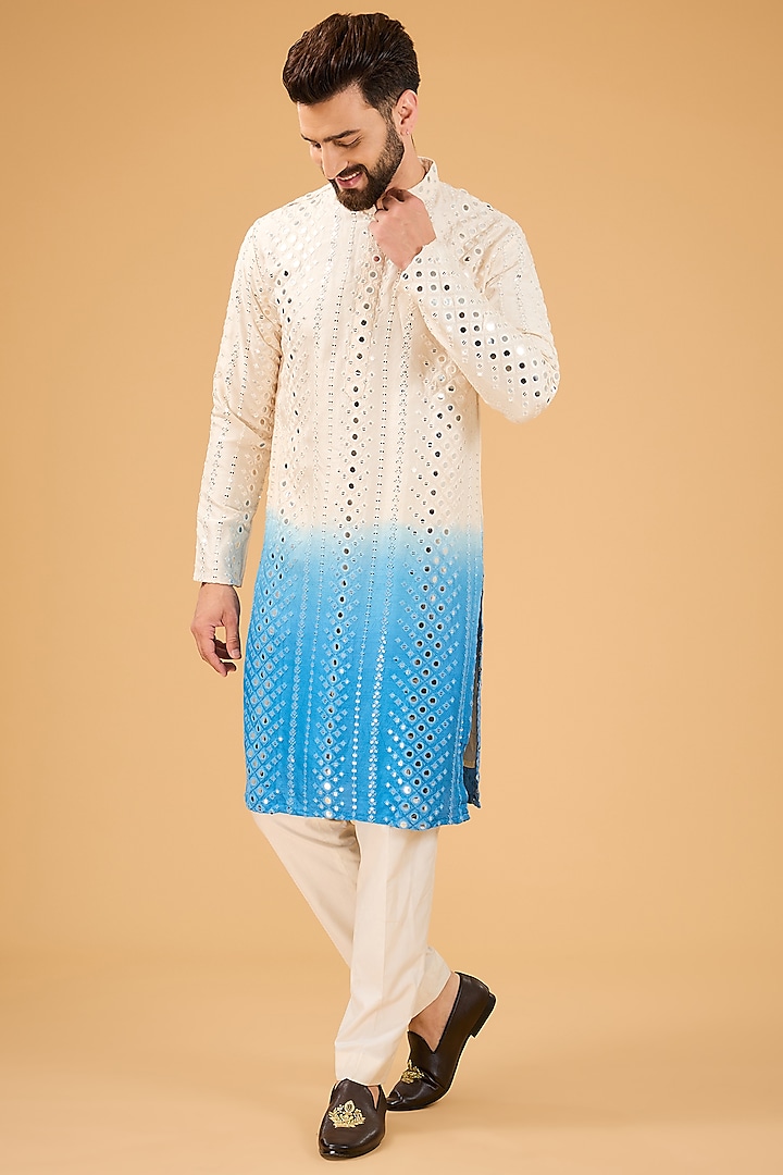 Cream-Blue Ombre Silk Mirror Work Kurta by Kasbah Clothing at Pernia's Pop Up Shop