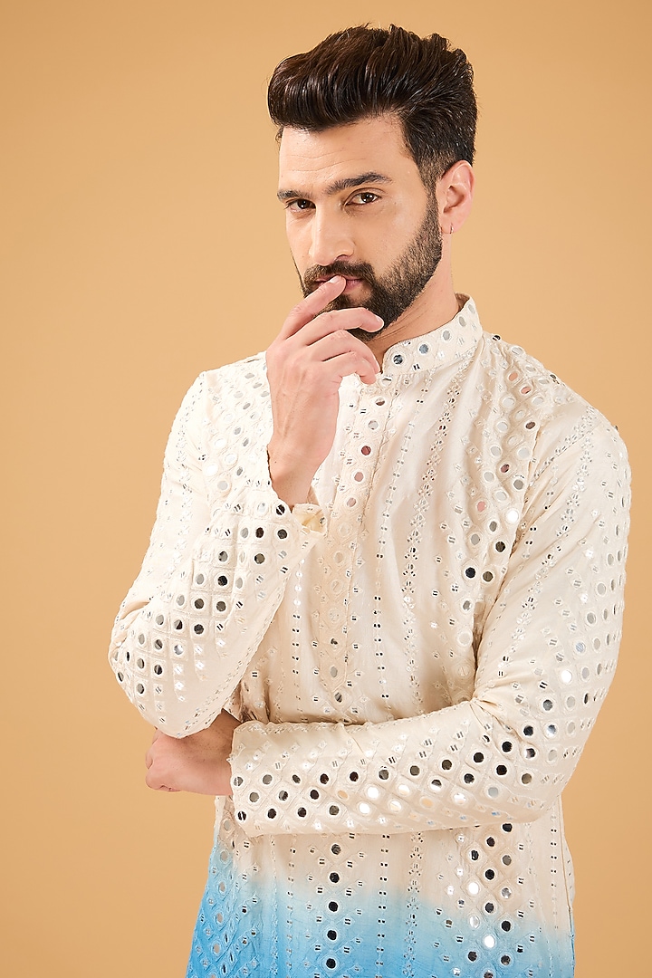 Cream-Blue Ombre Silk Mirror Work Kurta by Kasbah Clothing at Pernia's Pop Up Shop