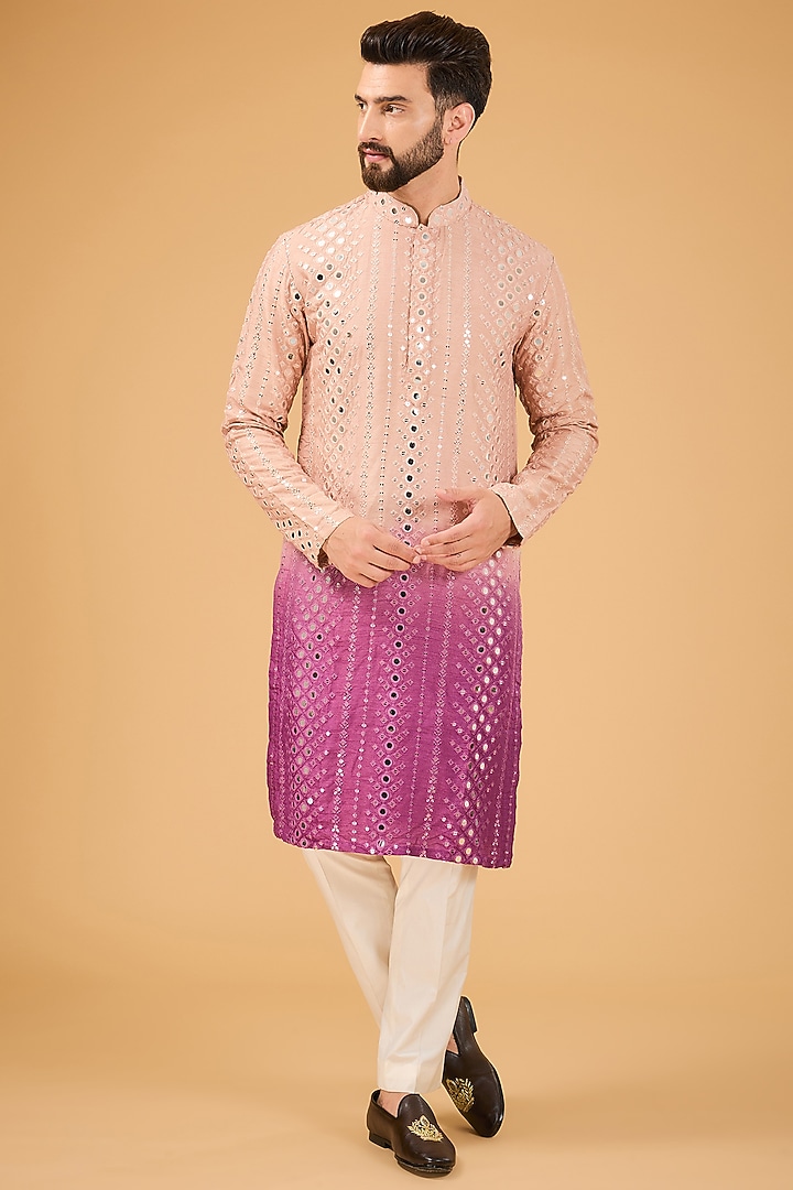 Nude & Mauve Ombre Silk Mirror Work Kurta by Kasbah Clothing at Pernia's Pop Up Shop