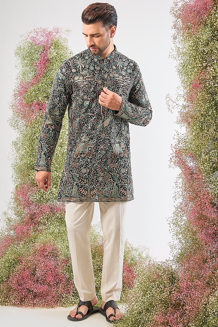 Black Georgette Kashmiri Embroidered Short Kurta by Kasbah Clothing at Pernia's Pop Up Shop