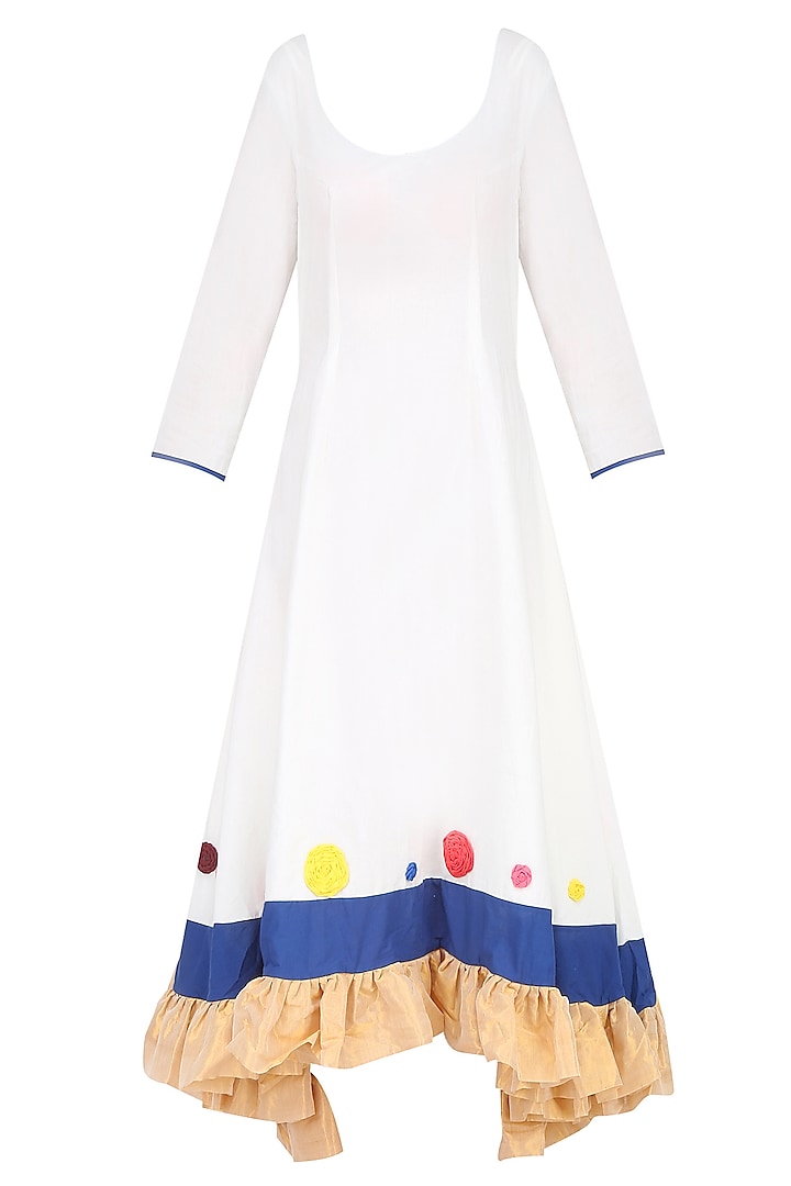 Off White Embroidered Round Motifs Asymmetric Flared Dress by Ka-Sha