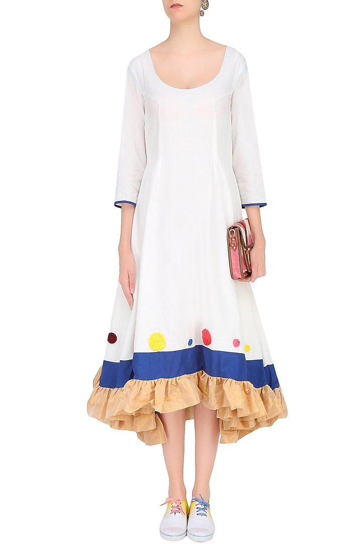 Off white embroidered round motifs asymmetric flared dress available only at Pernia's Pop Up Shop.