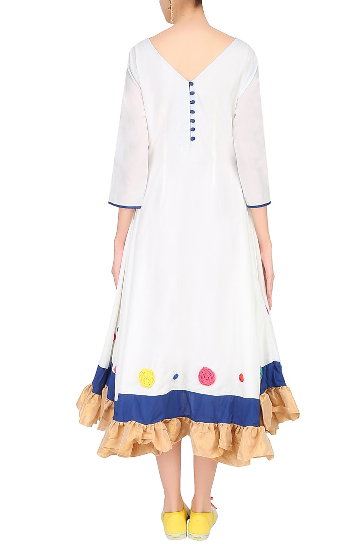 Off white embroidered round motifs asymmetric flared dress available only at Pernia's Pop Up Shop.
