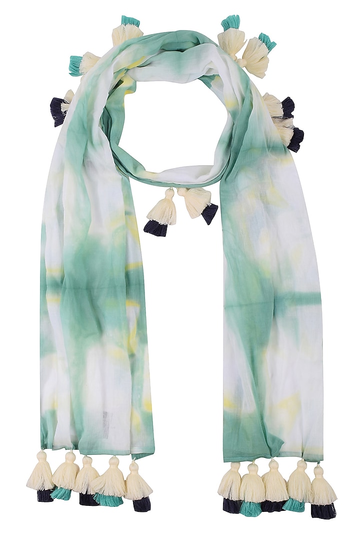 Old Green Clamp Dyed Scarf With Tassel Hangings by Ka-Sha