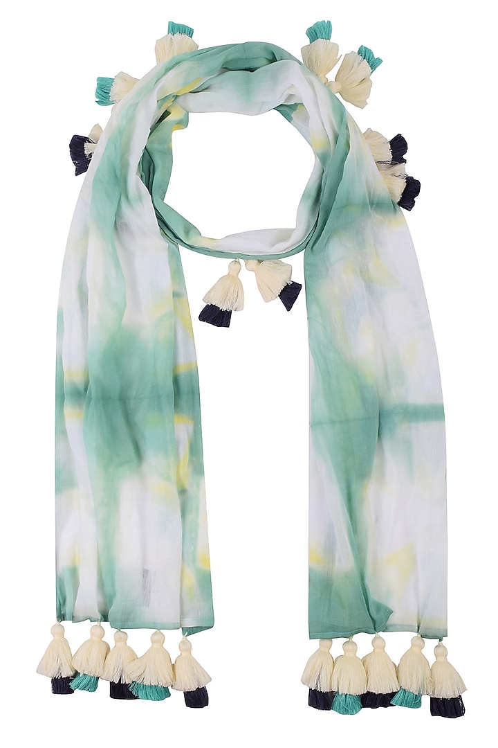 Old green clamp dyed scarf with tassel hangings available only at Pernia's Pop Up Shop.