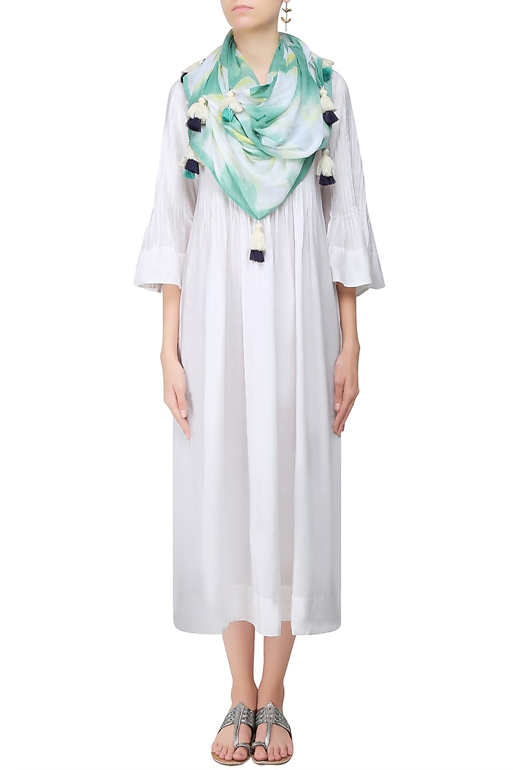 Old green clamp dyed scarf with tassel hangings available only at Pernia's Pop Up Shop.