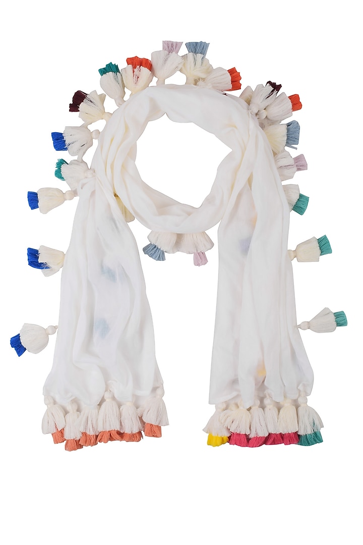 Off White Scarf With Multicolor Tassel Hangings by Ka-Sha