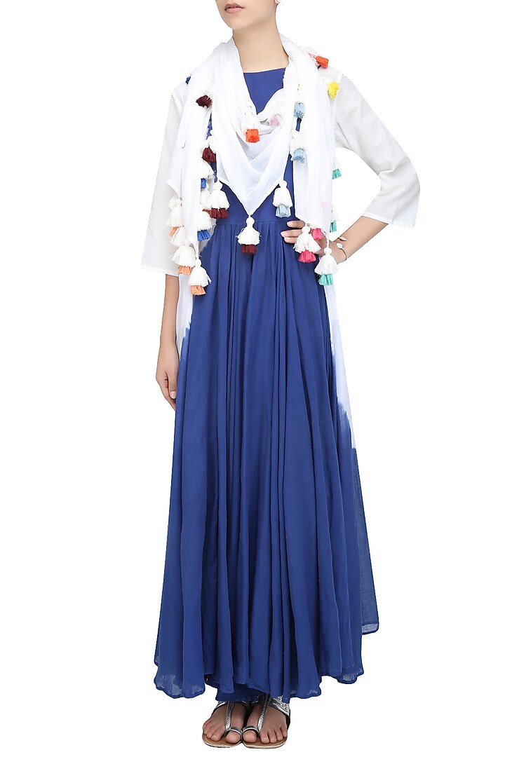 Off white scarf with multicolor tassel hangings available only at Pernia's Pop Up Shop.