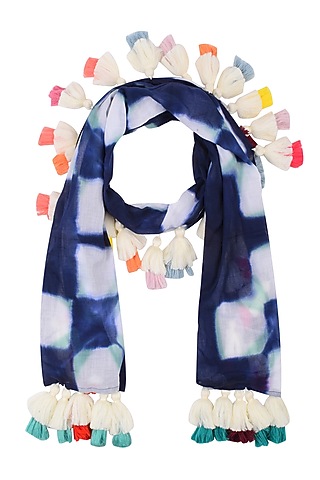Navy Blue Clamp Dyed Scarf with Tassel Hangings by Ka-Sha