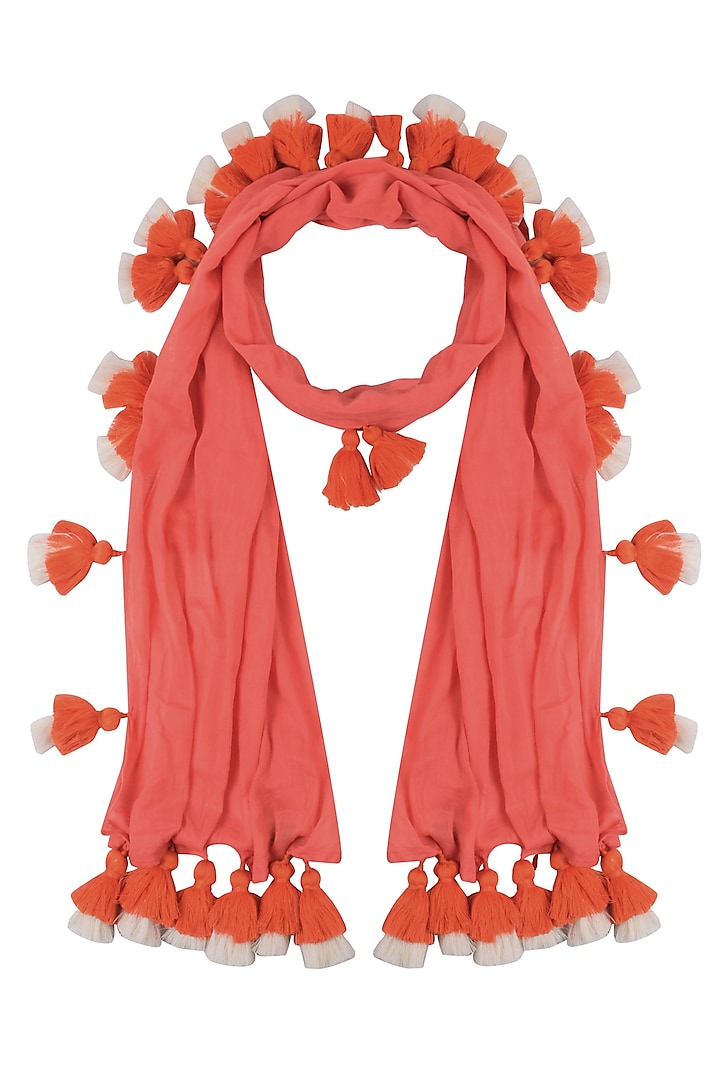 Pink Orange Scarf with Multicolor Tassel Hangings by Ka-Sha