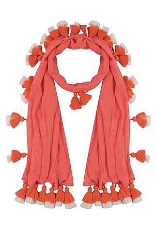 Pink Orange Scarf with Multicolor Tassel Hangings by Ka-Sha