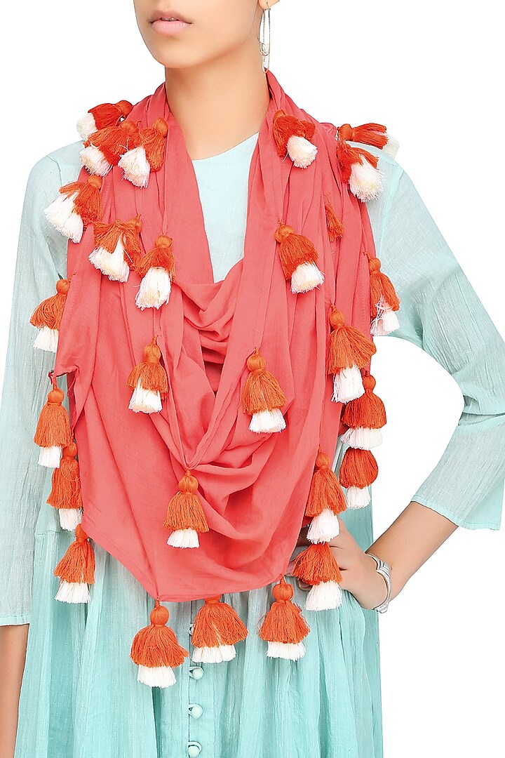 Pink orange scarf with multicolor tassel hangings available only at Pernia's Pop Up Shop.