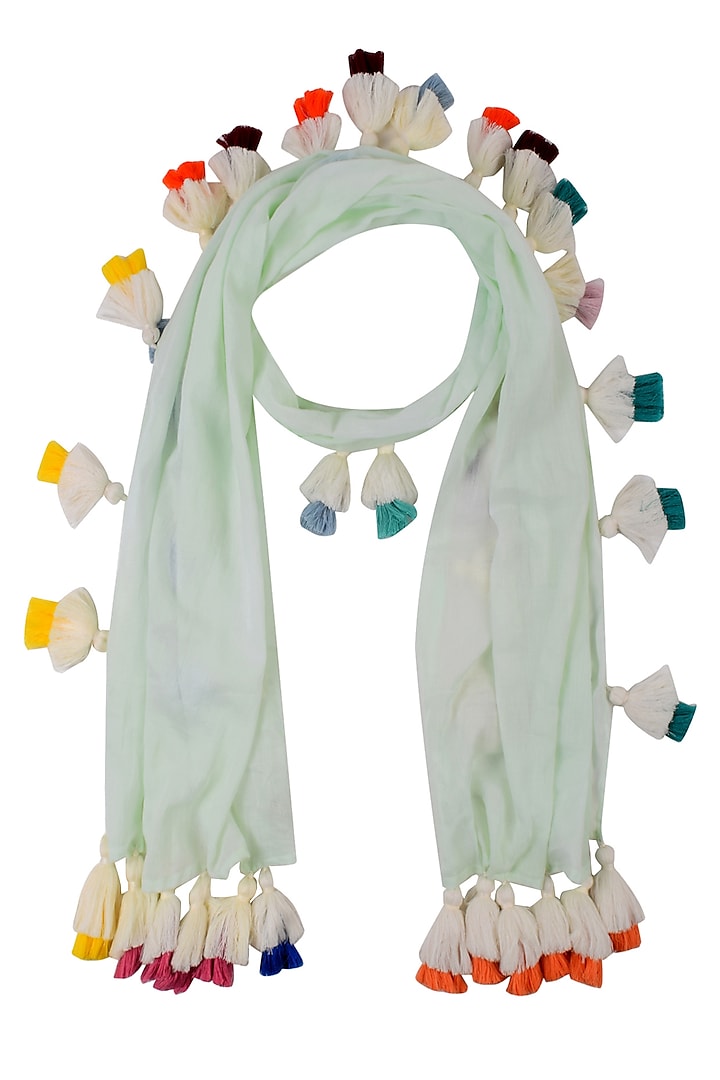 Mint Green Scarf with Multicolor Tassel Hangings by Ka-Sha
