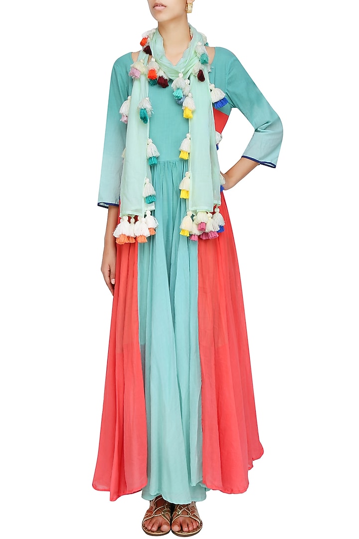 Mint green scarf with multicolor tassel hangings available only at Pernia's Pop Up Shop.