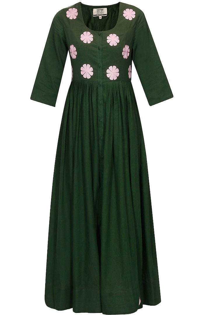 Emerald green and blush pink floral embroidered long dress available only at Pernia's Pop Up Shop.