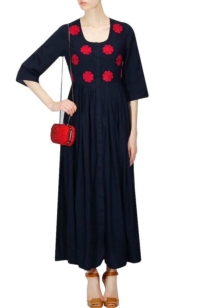 Navy and red floral embroidered long dress available only at Pernia's Pop Up Shop.