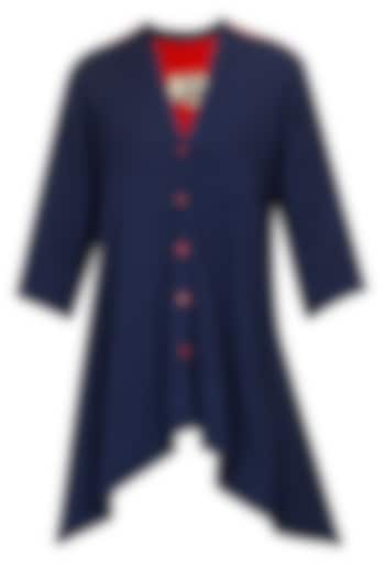 Navy bandhni front open asymmetrical jacket available only at Pernia's Pop Up Shop.