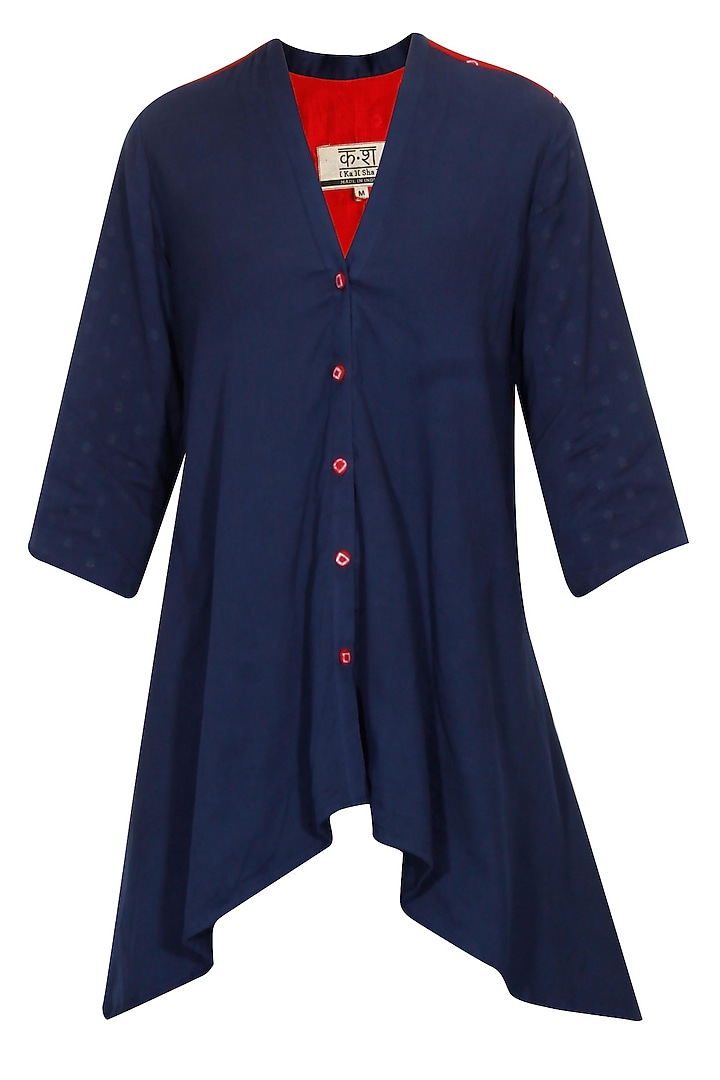Navy bandhni front open asymmetrical jacket available only at Pernia's Pop Up Shop.