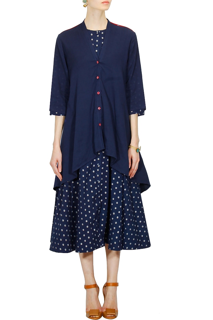 Navy bandhni front open asymmetrical jacket available only at Pernia's Pop Up Shop.