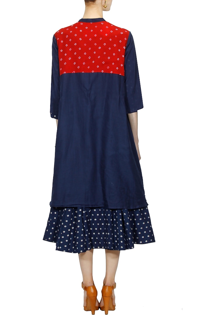 Navy bandhni front open asymmetrical jacket available only at Pernia's Pop Up Shop.