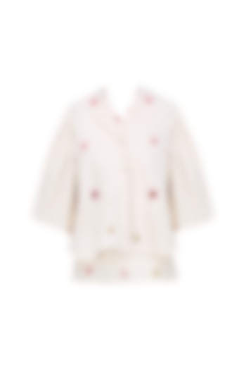 Off White Embroidered Flared Jacket with Pleated Bell Sleeves by Ka-Sha