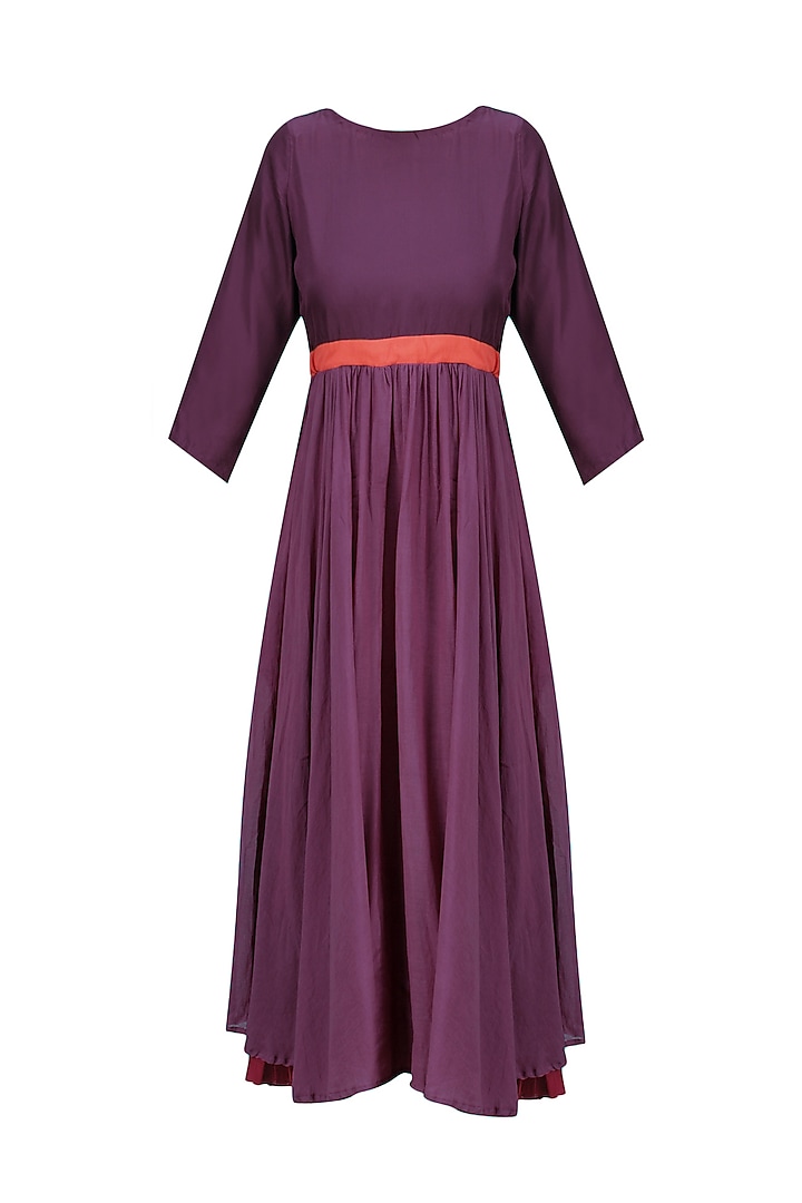 Berry Color Calf Length Empire Line and Frilled Dress by Ka-Sha