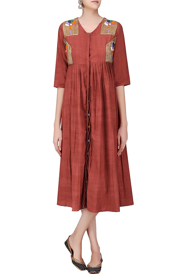 Tangerine embroidered calf length dress available only at Pernia's Pop Up Shop.