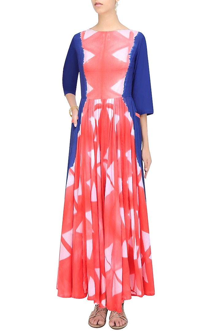 Pink clamp dyed bow detail full length flared dress available only at Pernia's Pop Up Shop.