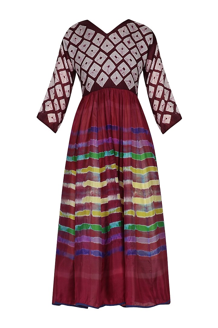 Maroon Bandhani and Clamp Dyed Fit and Flared Dress by Ka-Sha