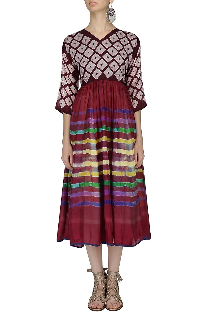 Maroon bandhani and clamp dyed fit and flared dress available only at Pernia's Pop Up Shop.