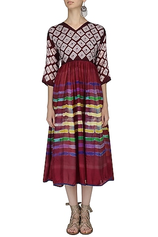 Maroon Bandhani and Clamp Dyed Fit and Flared Dress by Ka-Sha